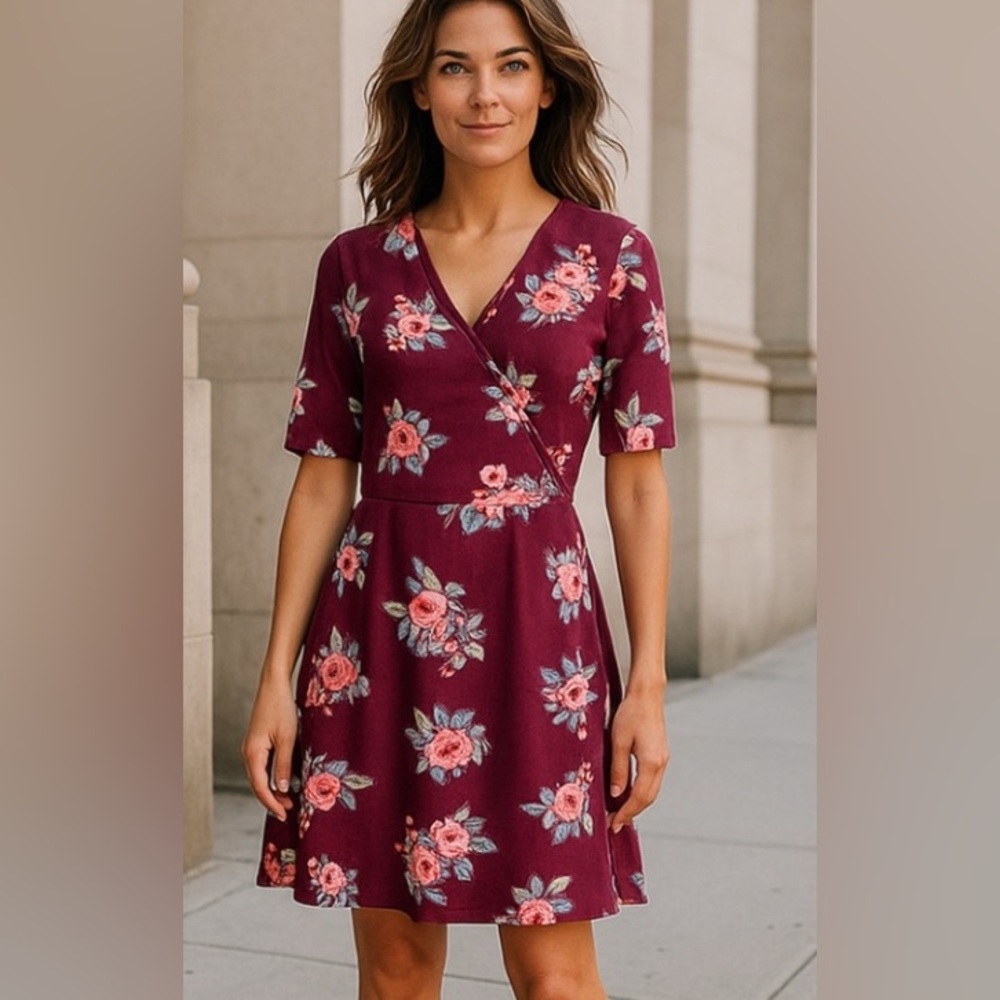 Ultra Flirt, Burgundy Floral Wrap Dress